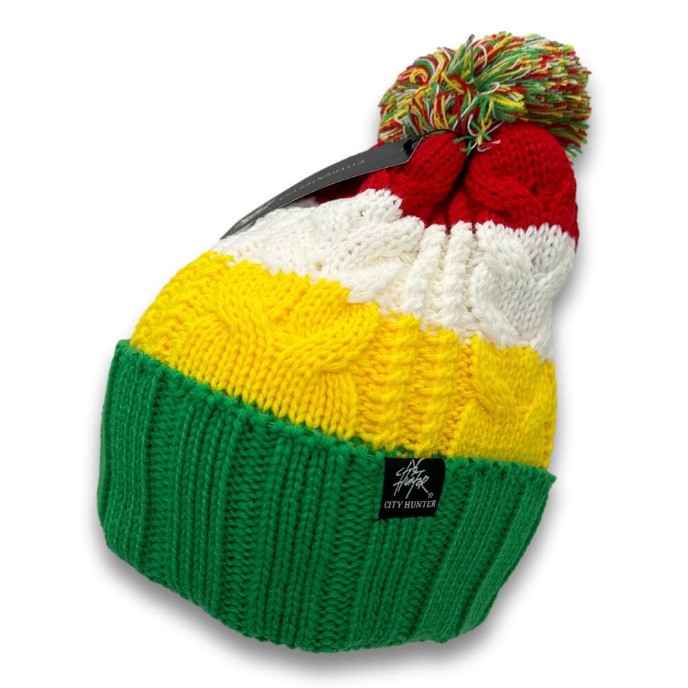 Stripe Pattern POM Beanie Thick Warm Soft Knit Long Cuffed Ski Cap Snowboard Hat